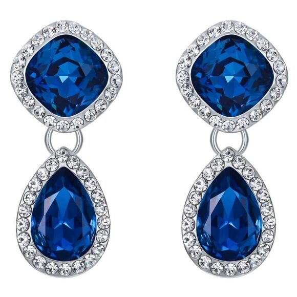 Silver with London Blue Topaz Austrian Crystal Rhombus Teardrop Post Earrings - Picture 1 of 4